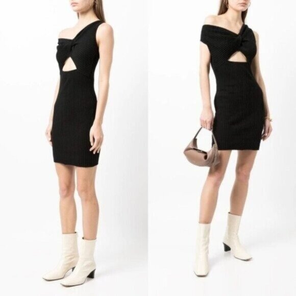 NWT Anna Quan Zali Ribbed Cutout Mini Sweater Dress 10 Raven One Shoulder - Picture 1 of 11